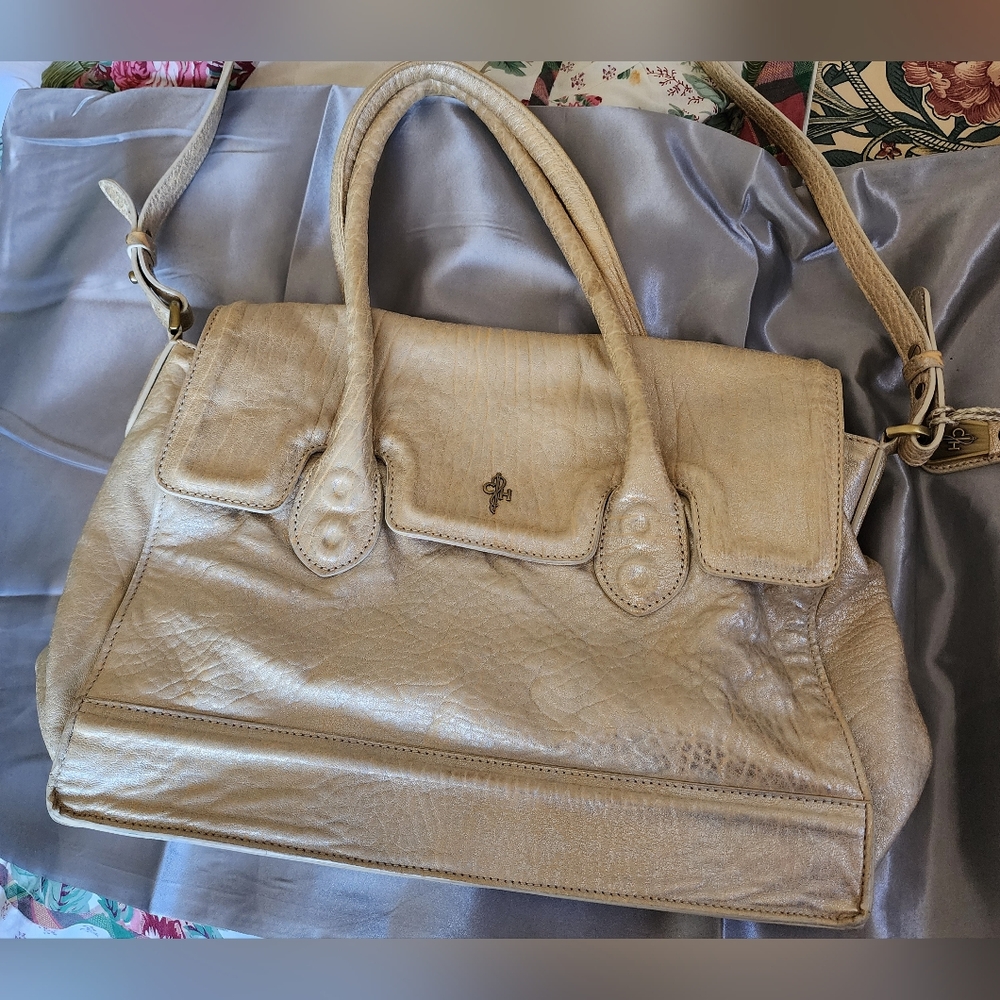 Cole Haan Brooke Ivory Silver Gold Metallic Leather Satchel Purse Handbag